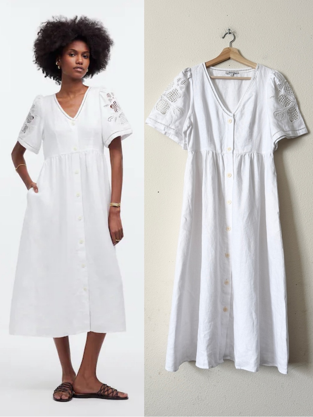 Madewell MEDIUM Cassie 100% linen button front embroidered sleeve midi dress